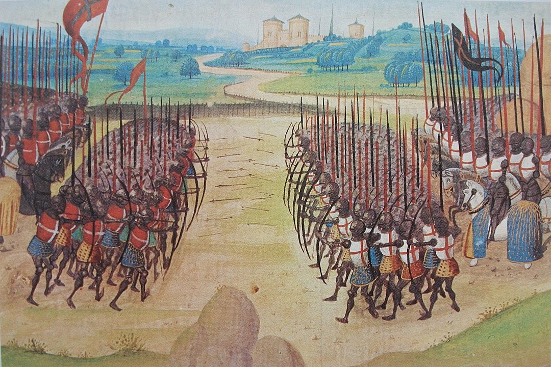 The Battle of Agincourt, with troops drawn up in battle lines