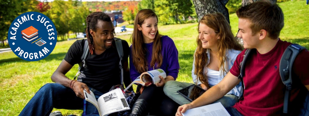 ASP logo, navy background, white text that reads Academic Success Program. School Supplies at the center. Overlaid onto a photo of students studying outside in the grass on a sunny day.