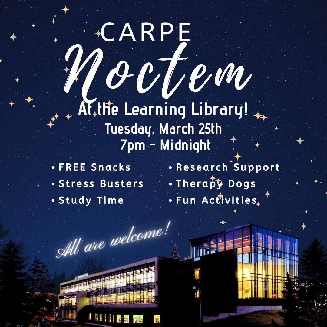 Photo of the library at night, with event information