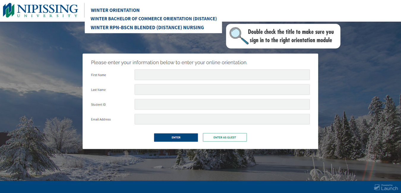 Screenshot of orientation module login screen drawing your attention to the title and noting that you should double check the title of the orientation module to ensure you sign in to the correct one.