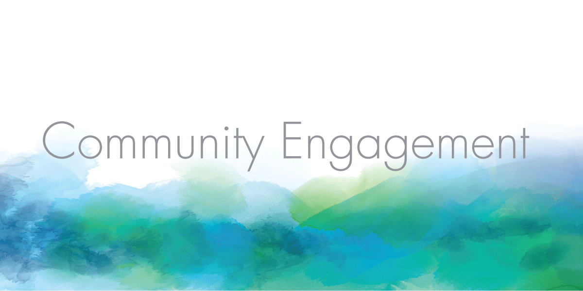 Community Engagement text on a watercolour background.