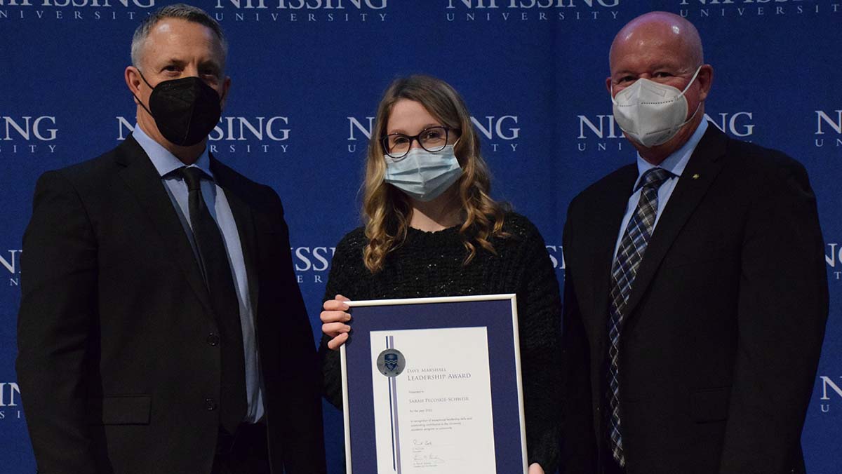 Sarah Pecoskie-Schweir with President and Chancellor