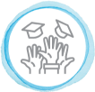 Icon of hands throw graduation caps up into the air.