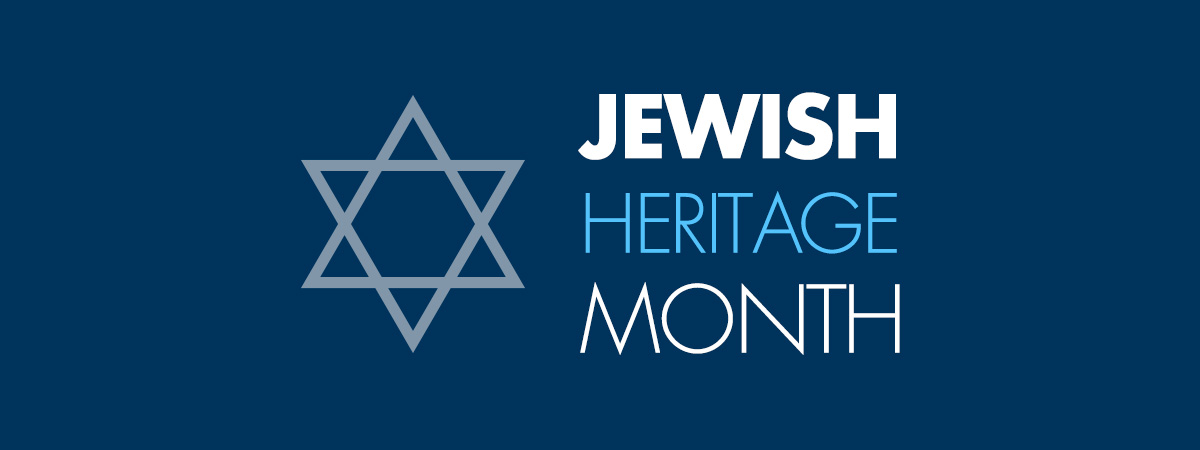 Navy blue background with Star of David and a text overlay that says Jewish Heritage Month