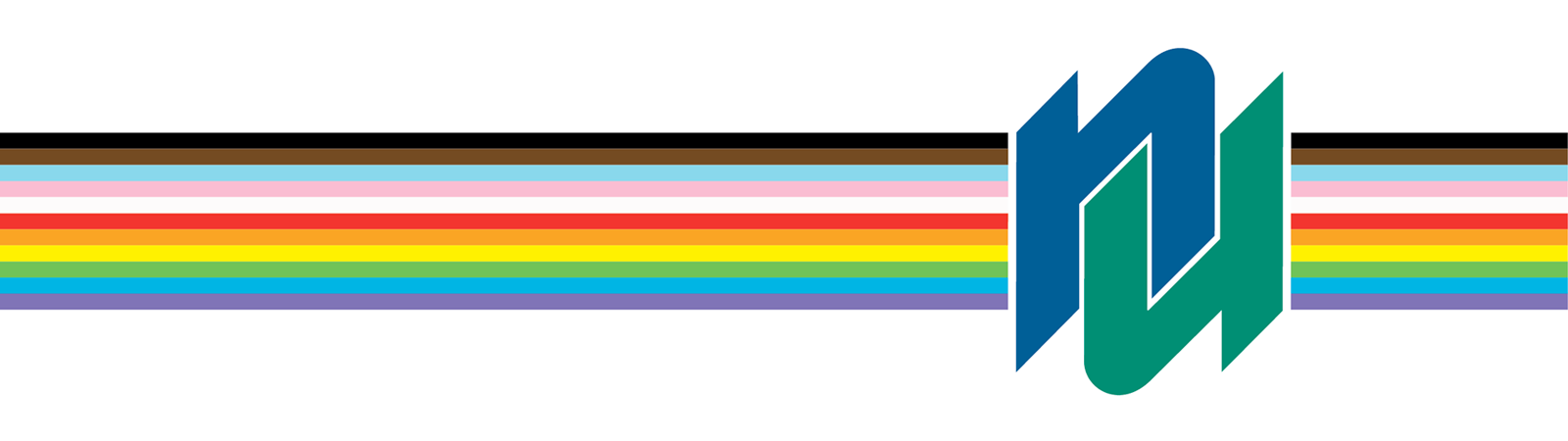 Nipissing pride image featuring rainbow stripes and blue NU symbol
