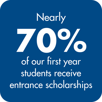 A blue bubble that reads "Nearly 70% of our first year students receive entrance scholarships"