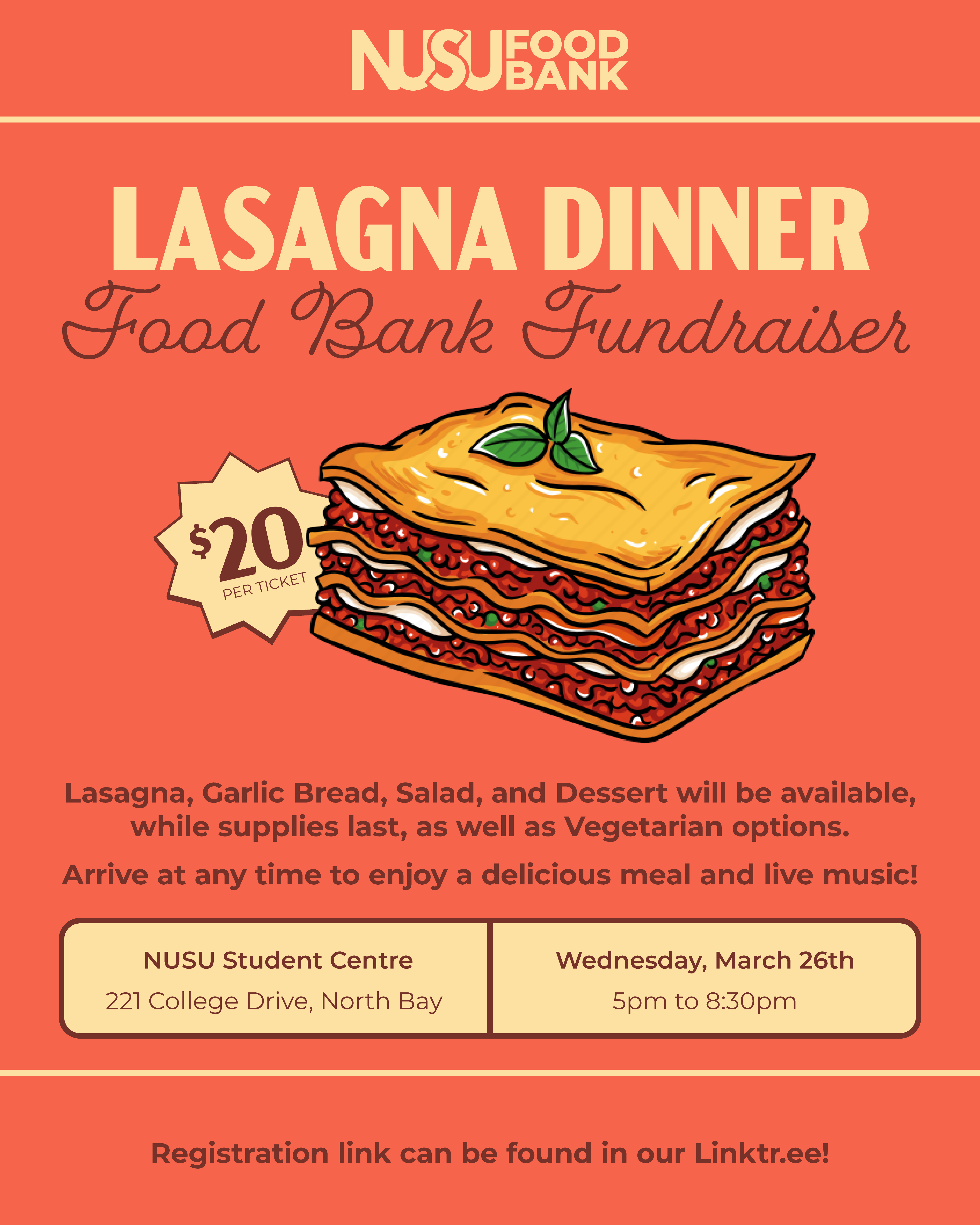 NUSU Dinner Poster, with a cartoon lasagna in the centre and event details listed