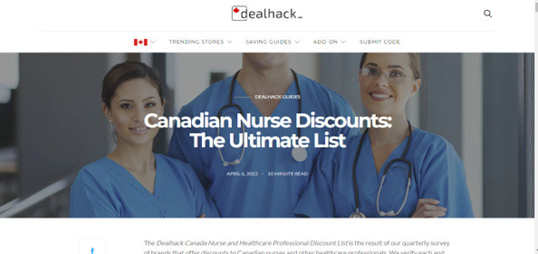 Screen shot of the Canadian Nurse Discounts List website
