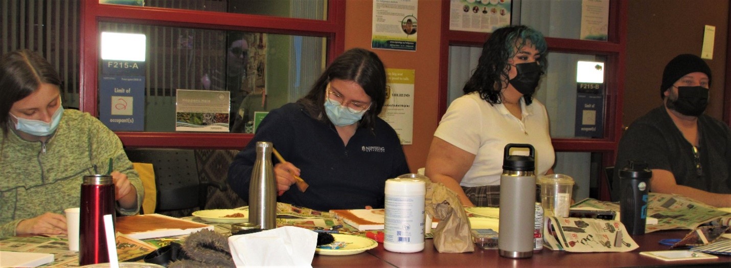 INDG 2007 Land-as-Home and Indigenous Wellbeing: The class also organized a fundraiser event and donation drive for Suswin Village, a transition residence for Indigenous men experiencing homelessness in the region. The event – a paint night fundraiser with local Anishinaabe artist Jules Armstrong as the facilitator – was held in person and online. We had people participating from across the province.