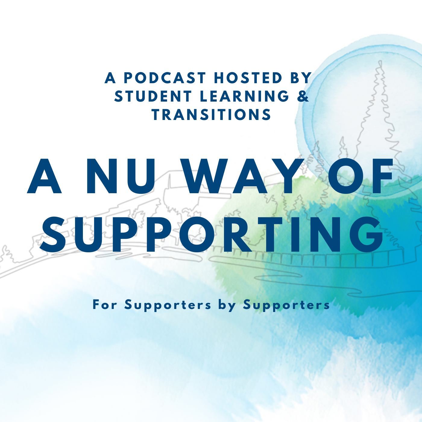 A podcast hosted by Student Learning & Transitions A NU Way of Supporting. For Supporters By Supporters. Blue text on a blue green watermark backgound
