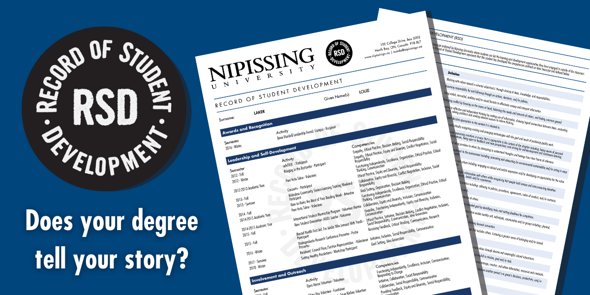 RSD logo, text that reads "Does your degree tell your story?" and a visual of the RSD transcript with the front page laying on top of the back page of the transcript.