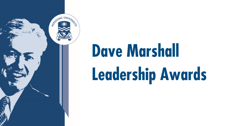 Watermark of Dr. Dave Marshall appers left. Next is a ribbon topped by the university's crest. Blue text reads on a white background reads "Dave Marshall Leaderhsip Awards"