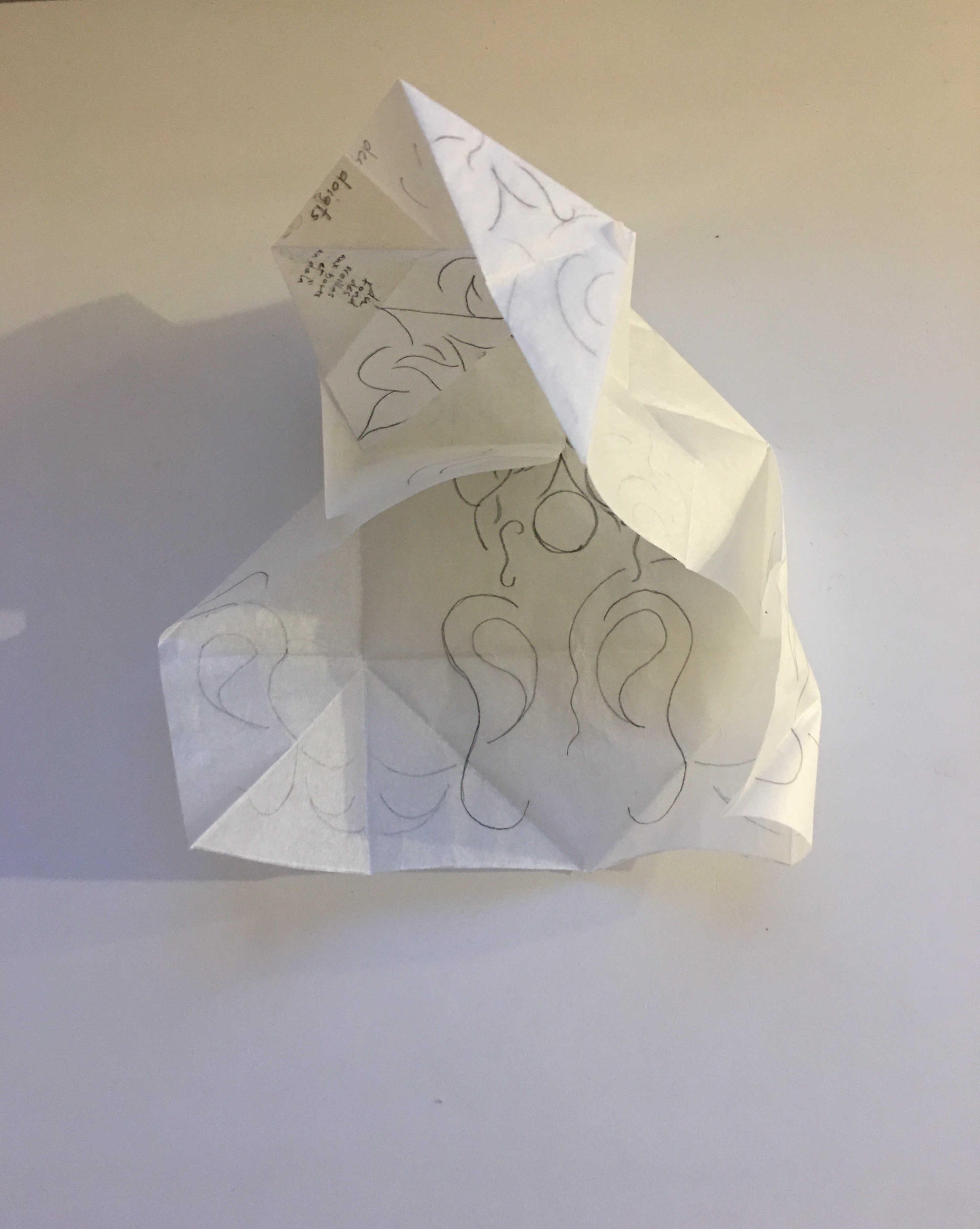 Hand drawn art on paper slightly crumpled, but opened.