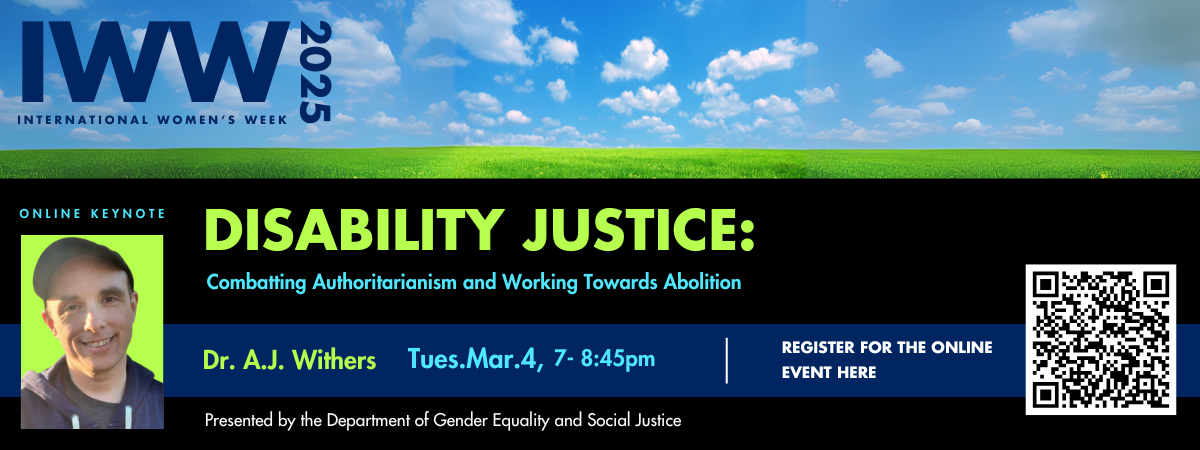 2025 International Women's Week event information on a black background with a blue sky image