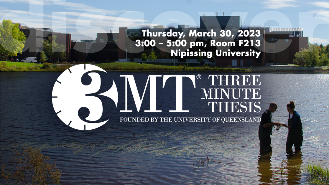 Image of researchers in the pond; text overlay with 3MT logo
