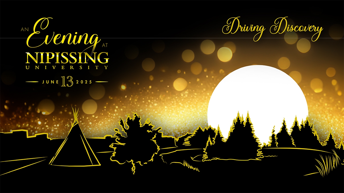 Black and yellow silhouette of the tipi and trees on campus with a golden sunshine 