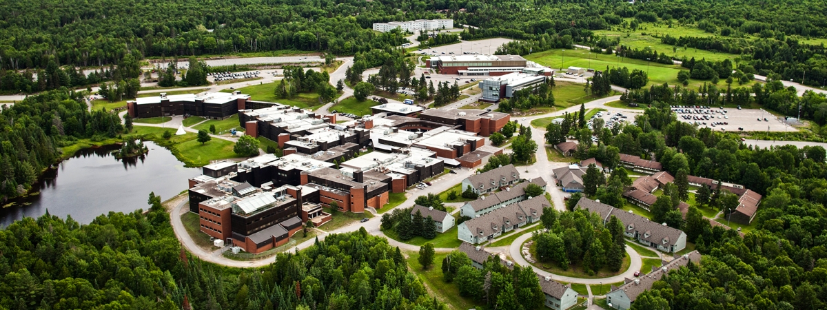 Aerial shot of Nipissing University and Canadore College campus