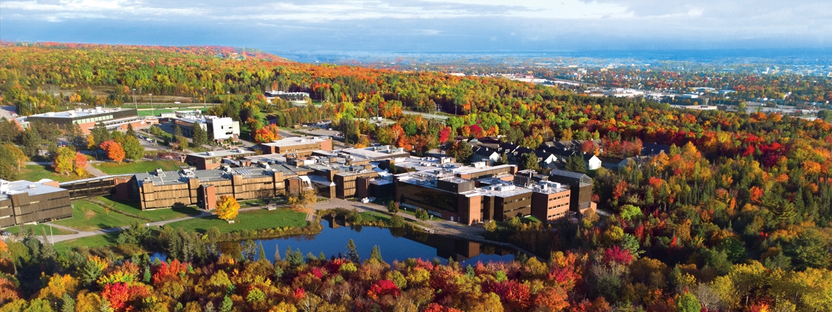 Fall aerial view of Nipissing University and Canadore College campus