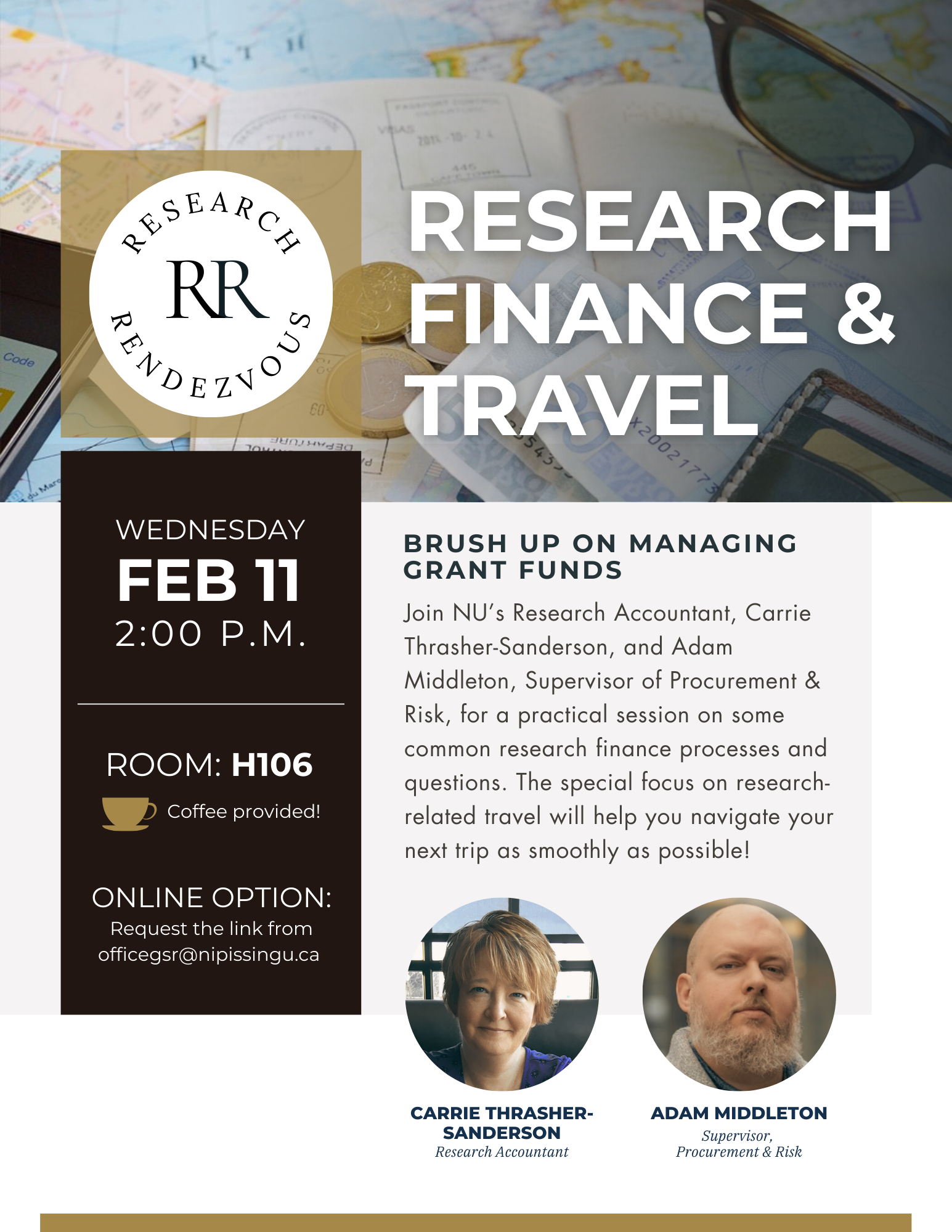 Research Finance & Travel, scheduled for Wednesday, Feb 11th at 2:00 p.m., in room H106