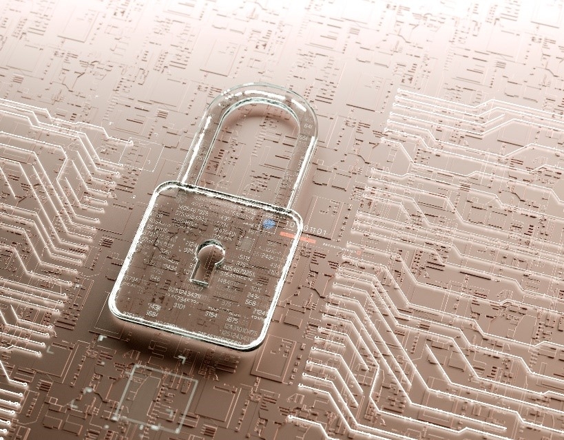 Lock on top of microchip board, representing data