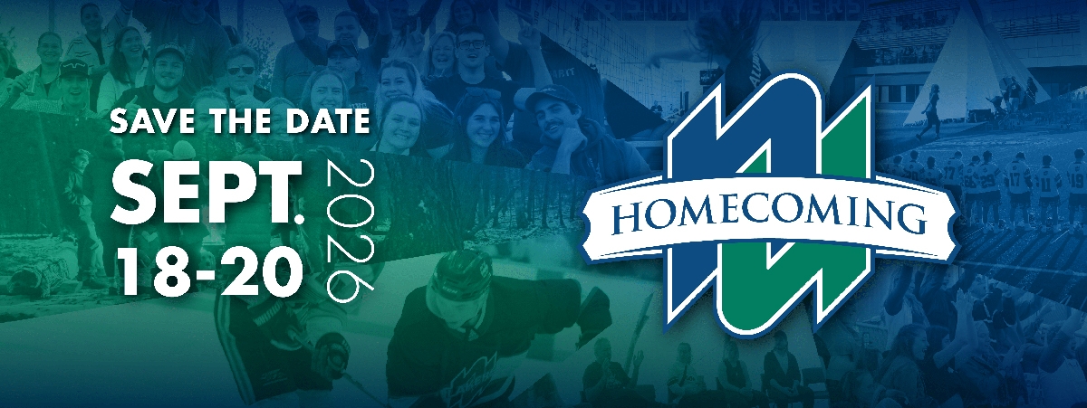 Homecoming logo and information on top of a blue and green collage of pictures