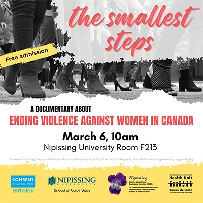 Image showcasing women walking with text overlay that says: The Smallest Steps: A Documentary About Violence Against Women in Canada.