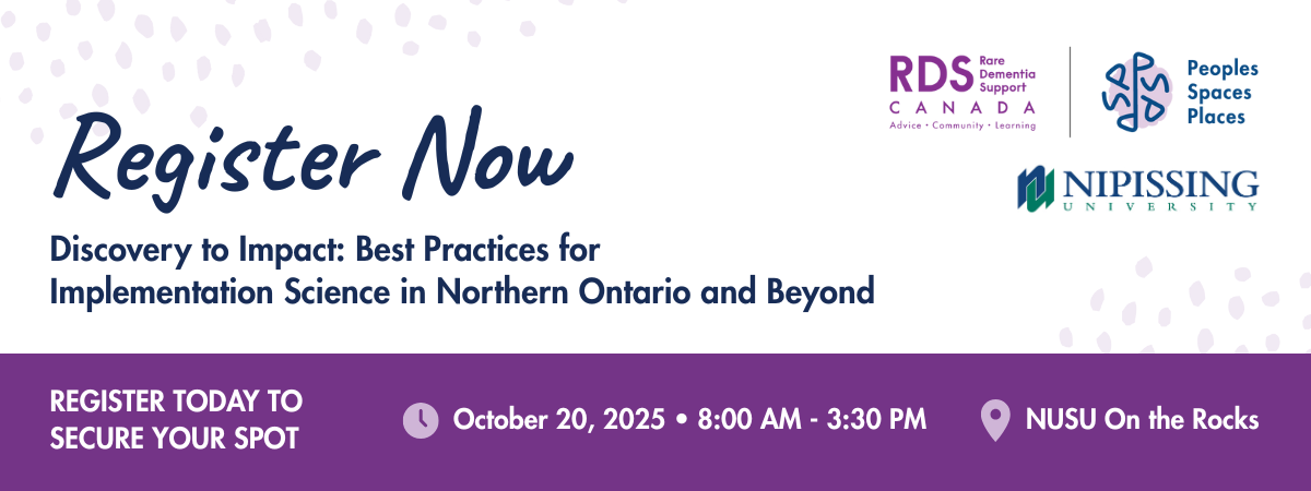 RDS event banner that reads: "Register Now. Discovery to Impact: Best Practices for Implementation Science in Northern Ontario and Beyond. Register Today to Secure Your Spot. October 20, 2025 • 8:00 AM - 3:30 PM. NUSU On the Rocks"