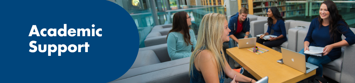 an image of students chatting in the library with white text and blue background on top