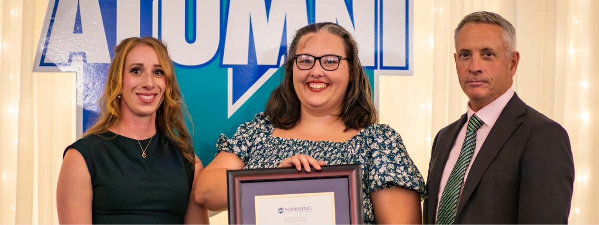 Hayley Heaslip is present with a Philanthropy award at the 2025 Nipissing University Alumni Awards