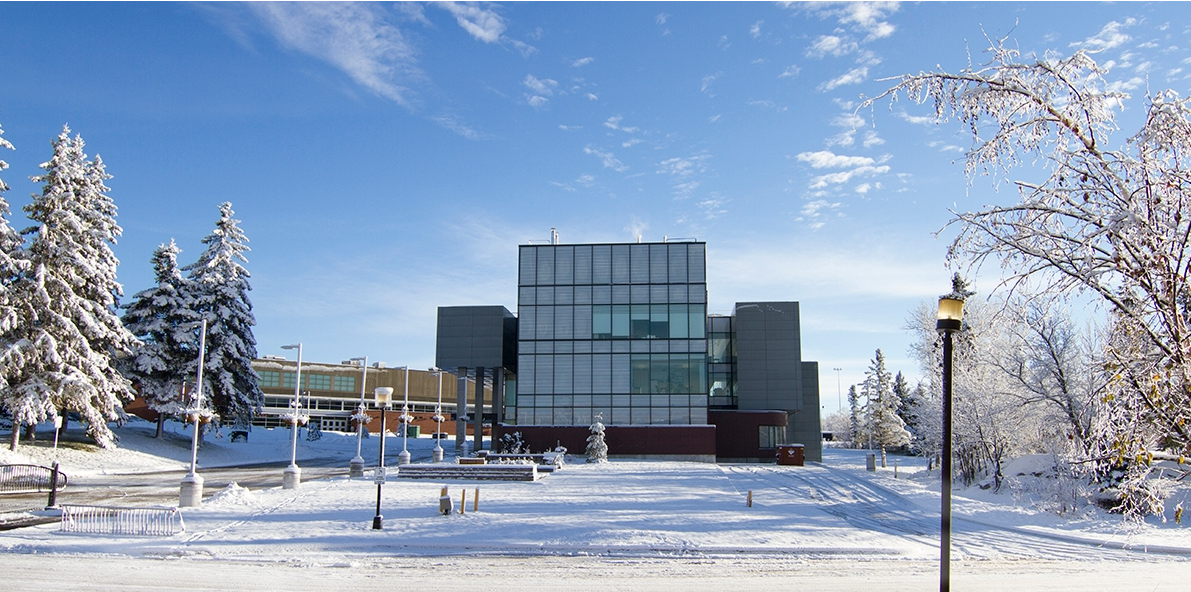 winter shot of the learning library and athletics centre