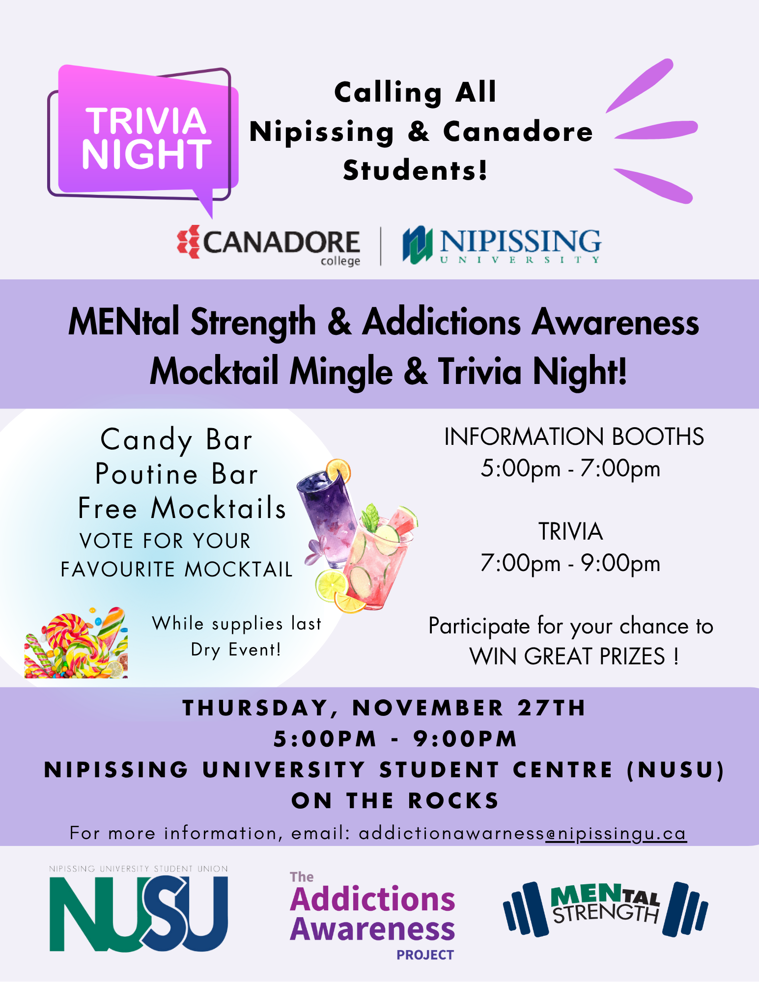 MENtal Strength and Addiction Awareness Moctail Mingle & Trivia Night Poster