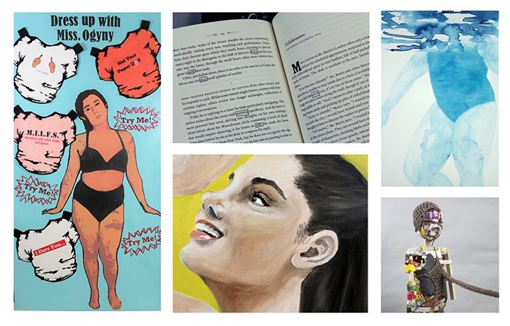 Five pieces of artwork from exhibition including paintings and sculptures