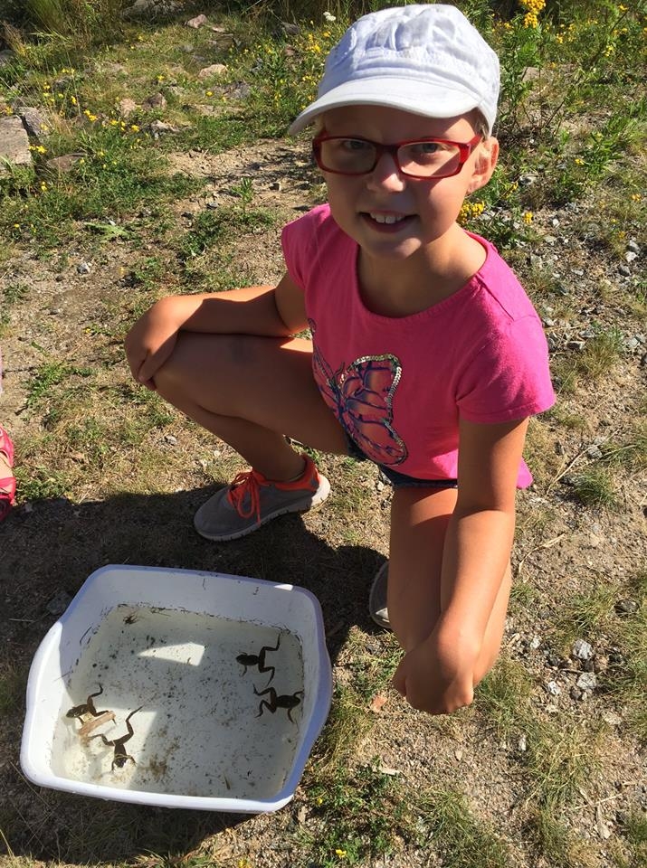 Photo of a child with a bucket of water with frogs in it