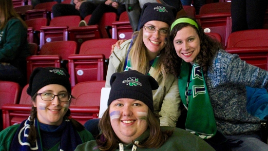 Students watching Lakers hockey in Memorial Gardens at Homecoming
