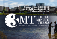 Image of researchers in the pond; text overlay with 3MT logo