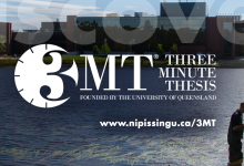 Photo of 3MT logo over Nipissing University pond