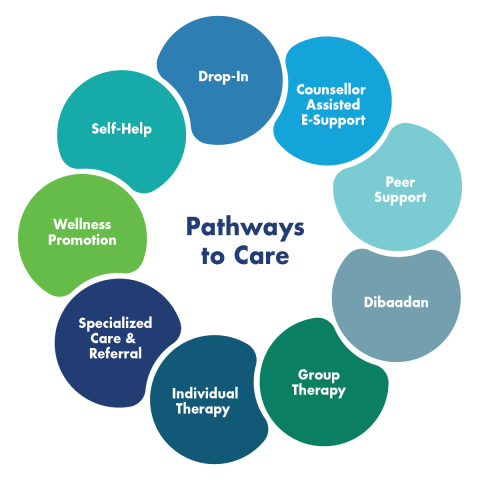 Graphic titled “Pathways to Care” showing different student support options arranged in coloured shapes, including Drop-In, Counsellor Assisted E-Support, Peer Support, Dibaadan, Group Therapy, Individual Therapy, Specialized Care and Referral, Wellness Promotion, and Self-Help.