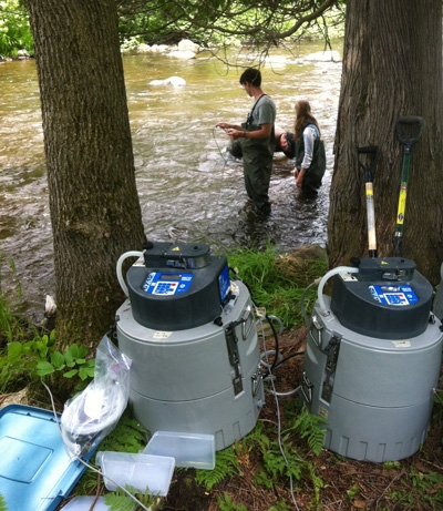 students collecting hydrology data