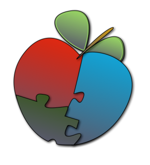 Photo of illustrated color block apple with puzzle piece connections