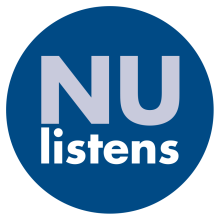 NUlistens logo with large “NU” above the word “listens” in white text inside a dark blue circular background