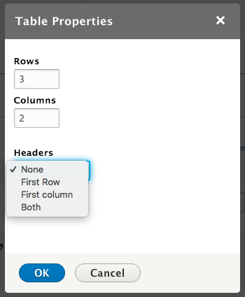 Table Properties dialogue box